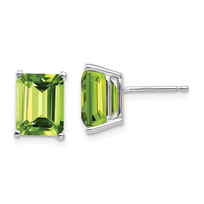 Million Charms 14k White Gold 9x7mm Emerald Cut Peridot Earrings, 9mm x 7mm