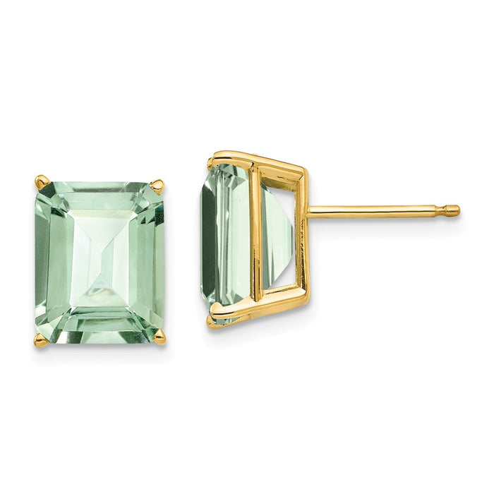 Million Charms 14k Yellow Gold 10x8 Emerald-Cut Green Quartz Earrings, 11mm x 8mm