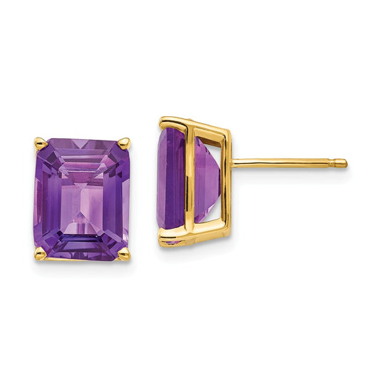 14k Yellow Gold 10x8mm Emerald Cut Amethyst Earrings, 11mm x 8mm