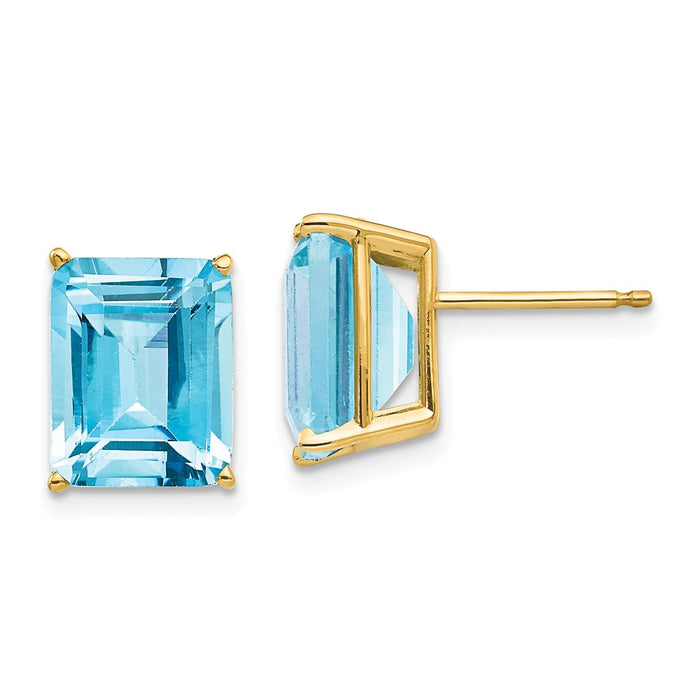 Million Charms 14k Yellow Gold 10x8mm Emerald Cut Blue Topaz Earrings, 11mm x 8mm