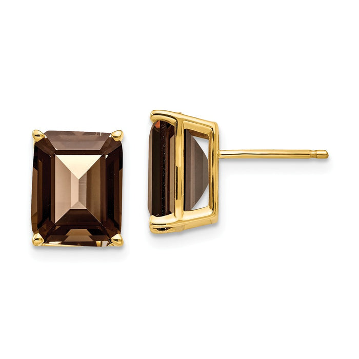 Million Charms 14k Yellow Gold 10x8 Emerald-Cut Smoky Quartz Earrings, 11mm x 8mm