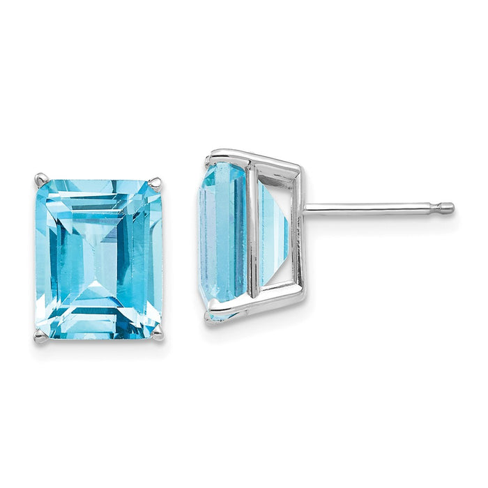 Million Charms 14k White Gold 10x8mm Emerald Cut Blue Topaz Earrings, 11mm x 8mm