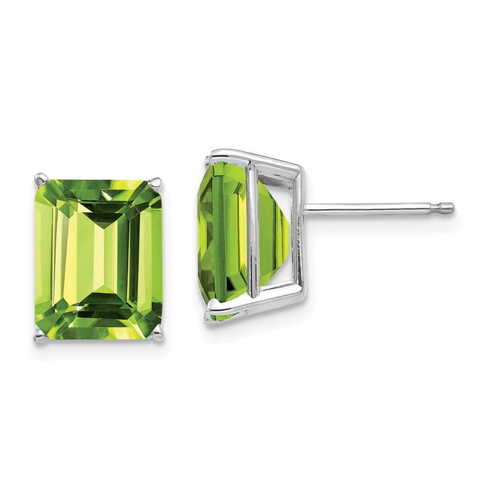 Million Charms 14k White Gold 10x8mm Emerald Cut Peridot Earrings, 11mm x 8mm