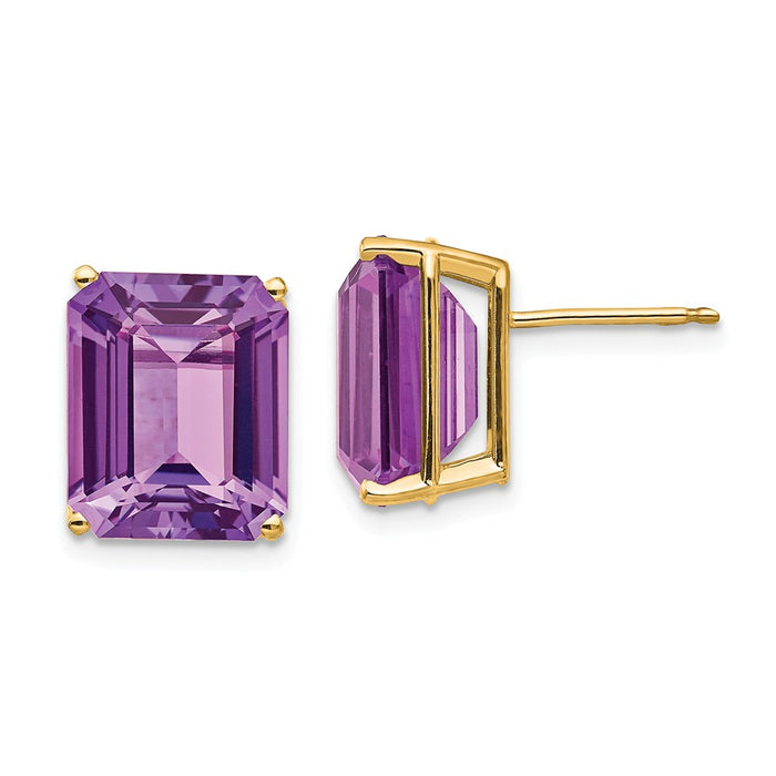 14k Yellow Gold 12x10mm Emerald Cut Amethyst Earrings, 12mm x 10mm