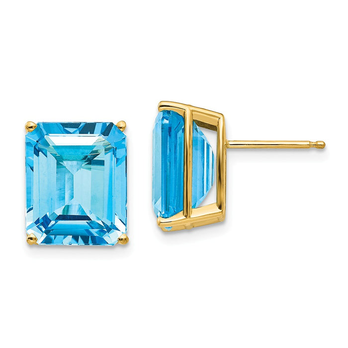 Million Charms 14k Yellow Gold 12x10mm Emerald Cut Blue Topaz Earrings, 12mm x 10mm