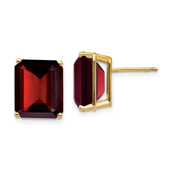 14k Yellow Gold Emerald Cut Garnet Stud Earrings, 12mm x 10mm