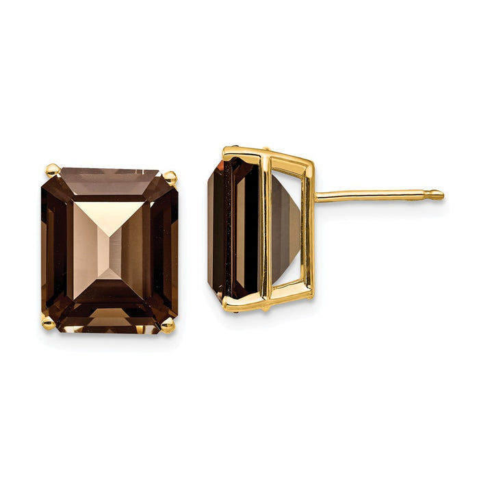 Million Charms 14k Yellow Gold 12x10 Emerald-Cut Cut Smoky Quartz Earrings, 13mm x 10mm