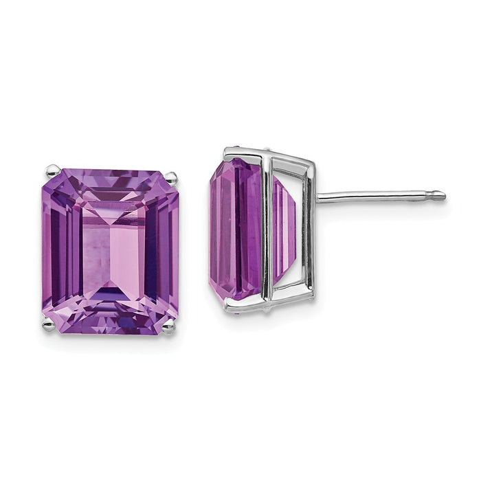 14k White Gold 12x10mm Emerald Cut Amethyst Earrings, 12mm x 10mm