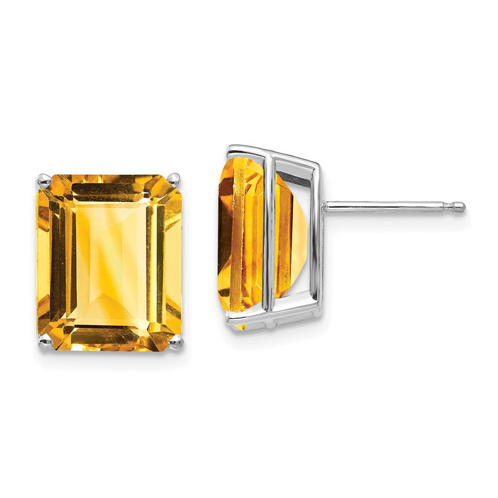 Million Charms 14k White Gold Emerald Cut Citrine Stud Earrings, 12mm x 10mm