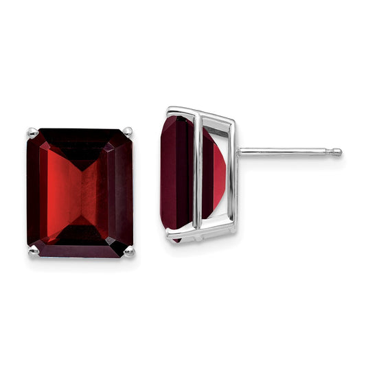 14k White Gold Emerald Cut Garnet Stud Earrings, 12mm x 10mm