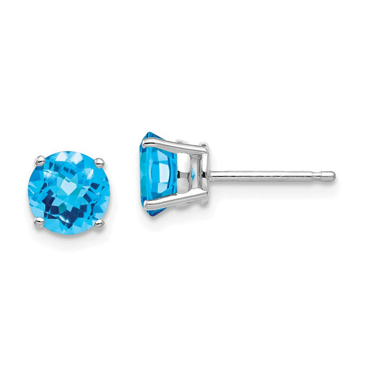 Million Charms 14k White Gold 6mm Blue Topaz Checker Earrings, 6mm x 6mm