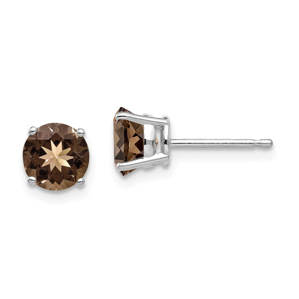 Million Charms 14k White Gold 6mm Round Smoky Quartz Earrings, 7mm x 7mm