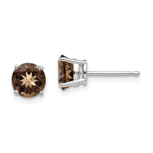 Million Charms 14k White Gold 6mm Round Smoky Quartz Earrings, 7mm x 7mm