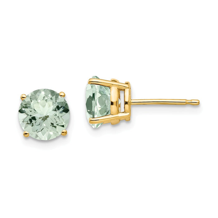 Million Charms 14k Yellow Gold 7mm Round Green Quartz Earrings, 8mm x 8mm