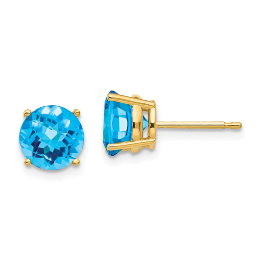 Million Charms 14k Yellow Gold 7mm Blue Topaz Checker Earrings, 7mm x 7mm