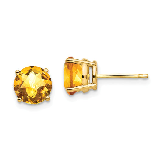 Million Charms 14k Yellow Gold 7mm Citrine Checker Earrings, 7mm x 7mm