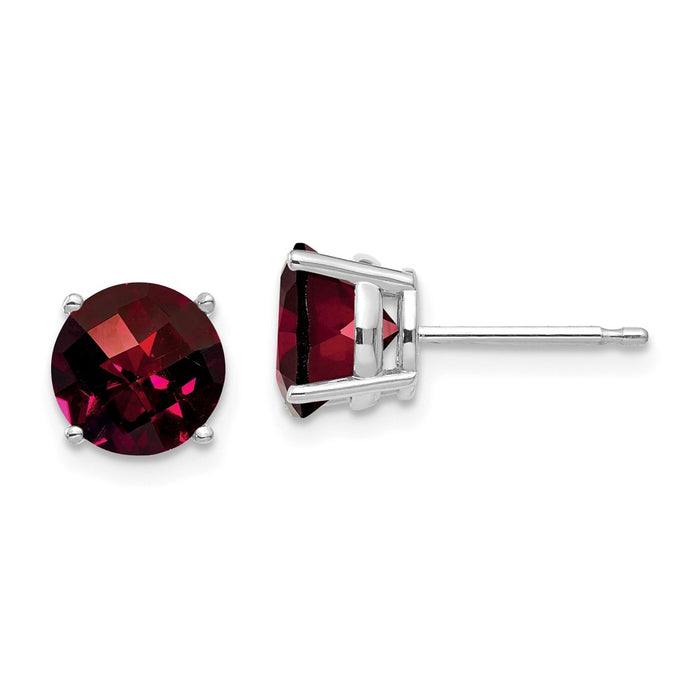 Million Charms 14k White Gold 7mm Garnet Checker Earrings, 7mm x 7mm