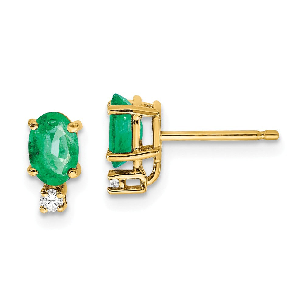 14k Yellow Gold Emerald Diamond Post Earrings, 9mm x 4mm