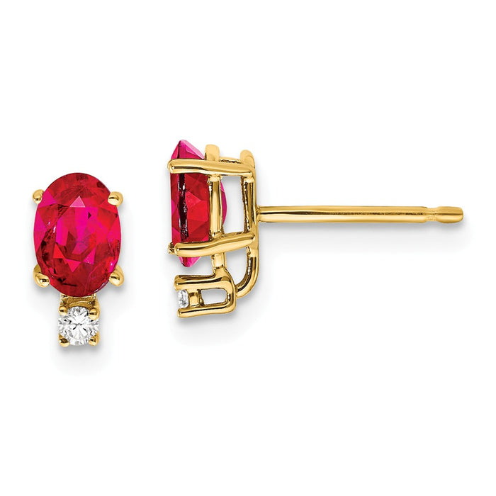 Million Charms 14k Yellow Gold 6x4mm Oval Ruby VS Diamond Earrings, 9mm x 4mm