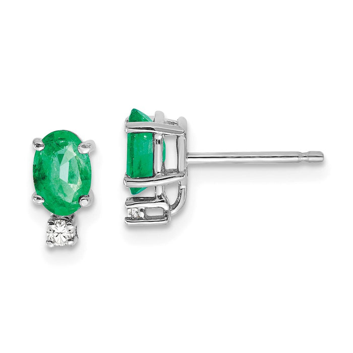14k White Gold 6x4mm Oval Emerald A Diamond Earrings, 9mm x 4mm