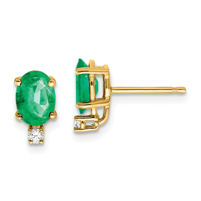 14k Yellow Gold 7x5mm Oval Emerald A Diamond Earrings, 10mm x 5mm