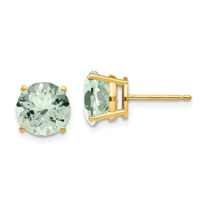 Million Charms 14k Yellow Gold 8mm Round Green Quartz Earrings, 9mm x 9mm