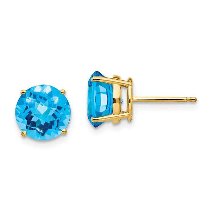 Million Charms 14k Yellow Gold 8mm Blue Topaz Checker Earrings, 8mm x 8mm