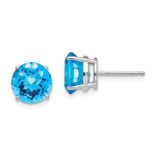 Million Charms 14k White Gold 8mm Blue Topaz Checker Earrings, 8mm x 8mm