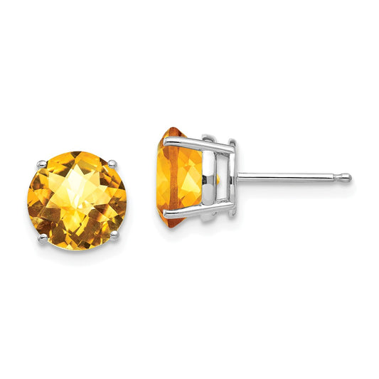 Million Charms 14k White Gold 8mm Citrine Checker Earrings, 8mm x 8mm