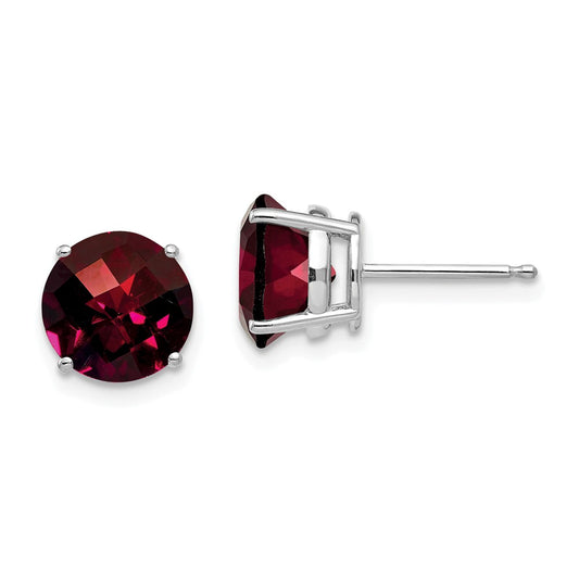 Million Charms 14k White Gold 8mm Garnet Checker Earrings, 8mm x 8mm