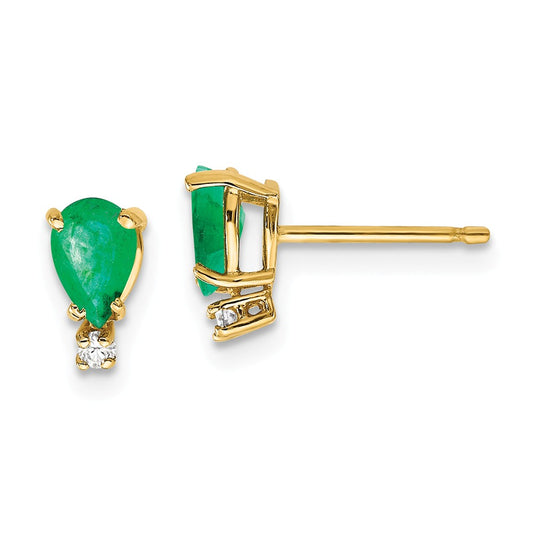 14k Yellow Gold Emerald Diamond Post Earrings, 8mm x 4mm