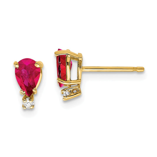 Million Charms 14k Yellow Gold 6x4mm Pear Ruby A Diamond Earrings, 8mm x 4mm