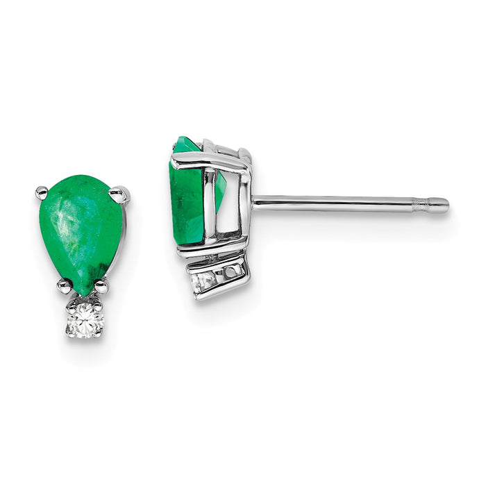 14k White Gold 6x4mm Pear Emerald A Diamond Earrings, 8mm x 4mm