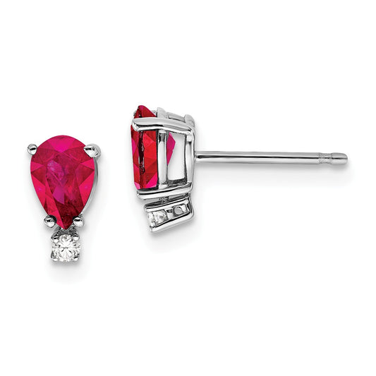 Million Charms 14k White Gold 6x4mm Pear Ruby A Diamond Earrings, 8mm x 4mm
