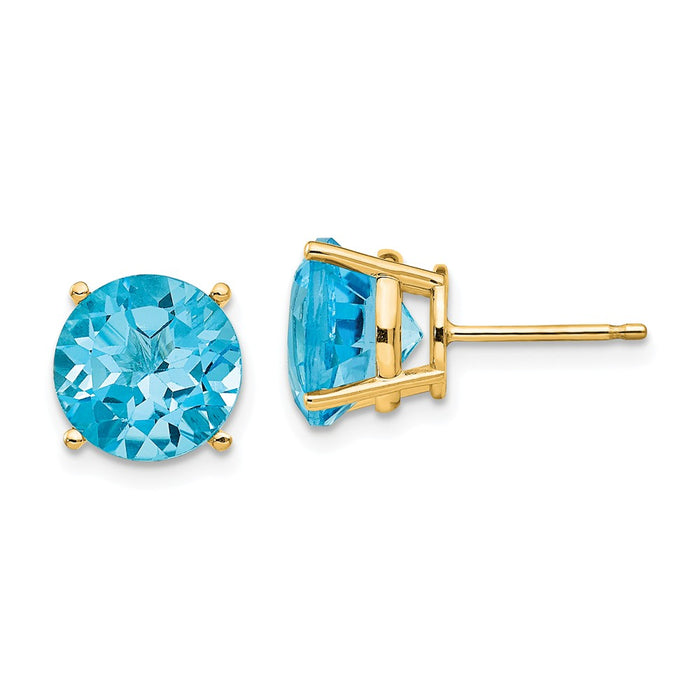 Million Charms 14k Yellow Gold Blue Topaz Round Stud Earrings, 9mm x 9mm