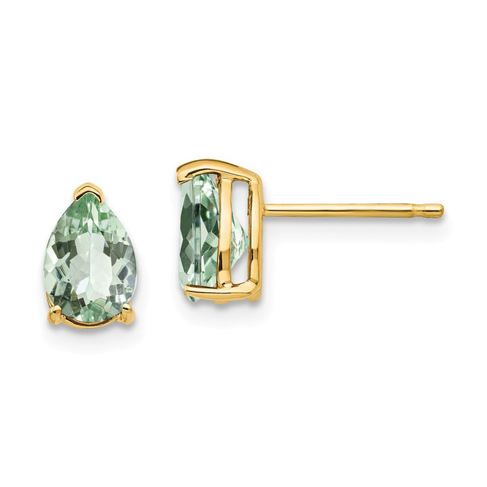 Million Charms 14k Yellow Gold 7x5 Pear Green Quartz Earrings, 8mm x 5mm