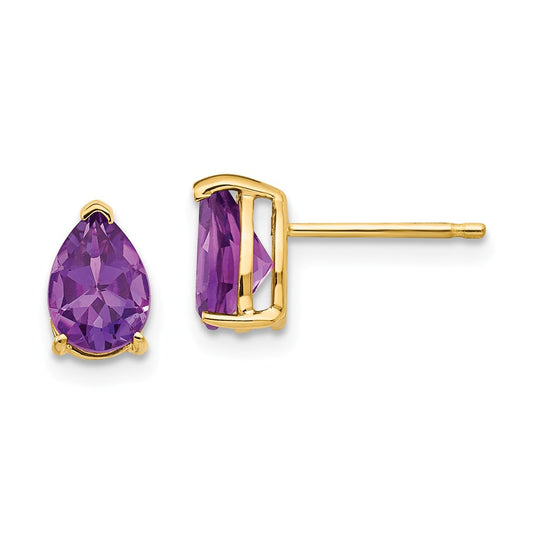 Million Charms 14k Yellow Gold 7x5mm Pear Amethyst Earrings, 8mm x 5mm