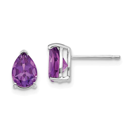 Million Charms 14k White Gold 7x5mm Pear Amethyst Earrings, 8mm x 5mm
