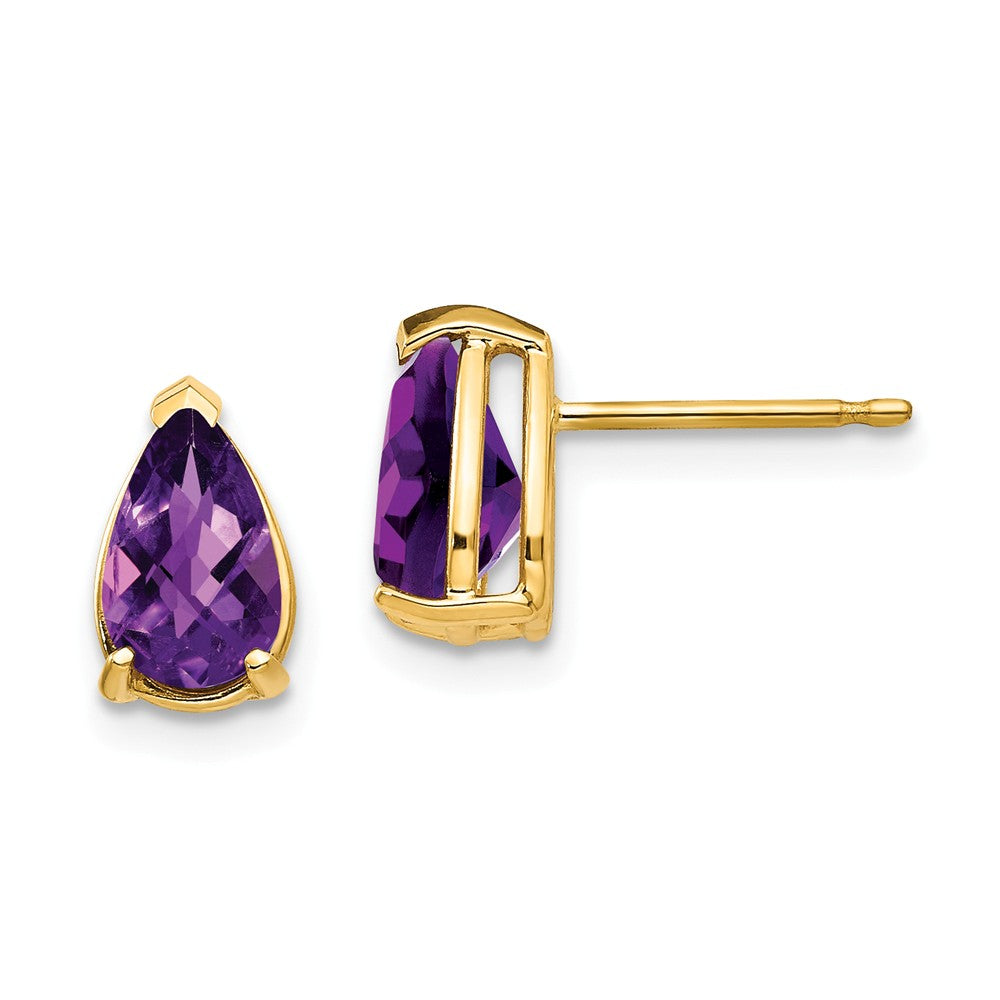 Million Charms 14k Yellow Gold 8x5mm Pear Amethyst Checker Earrings, 9mm x 5mm