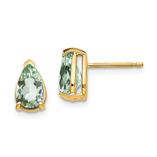 Million Charms 14k Yellow Gold 8x5 Pear Green Quartz Earrings, 9mm x 5mm