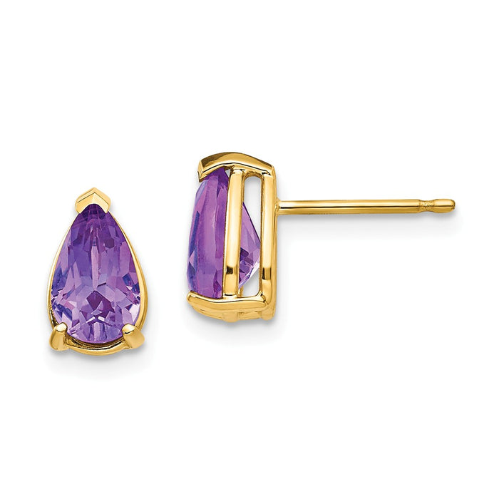 Million Charms 14k Yellow Gold 8x5mm Pear Amethyst Earrings, 9mm x 5mm