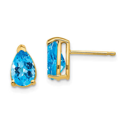 Million Charms 14k Yellow Gold 8x5mm Pear Blue Topaz Checker Earrings, 9mm x 5mm