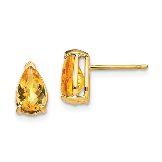 Million Charms 14k Yellow Gold 8x5mm Pear Citrine Checker Earrings, 9mm x 5mm
