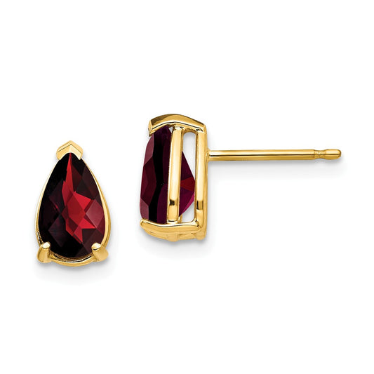 Million Charms 14k Yellow Gold 8x5mm Pear Garnet Checker Earrings, 9mm x 5mm