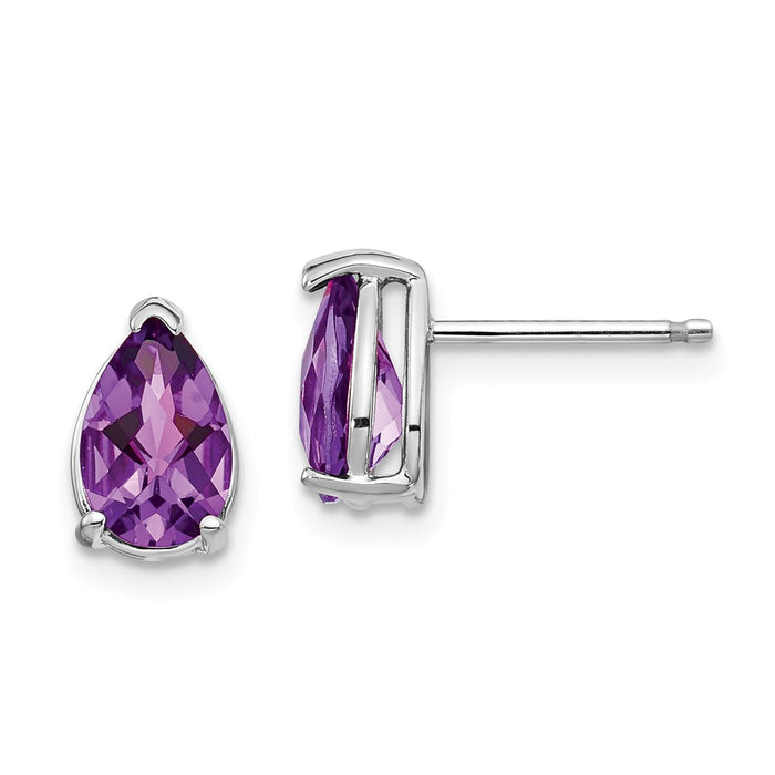 Million Charms 14k White Gold 8x5mm Pear Amethyst Checker Earrings, 9mm x 5mm