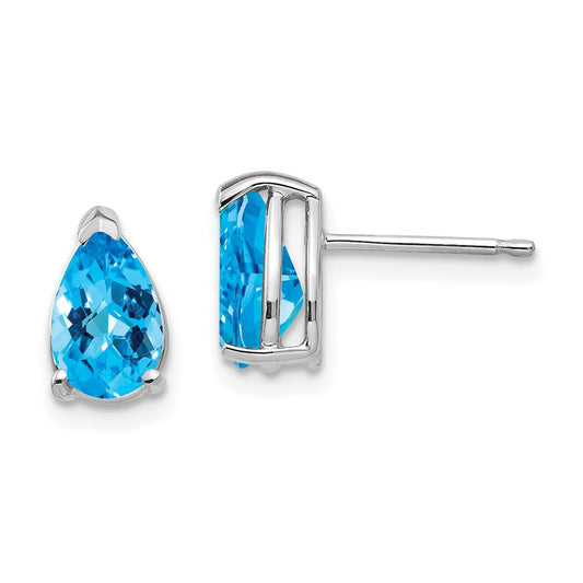 Million Charms 14k White Gold 8x5mm Pear Blue Topaz Checker Earrings, 9mm x 5mm