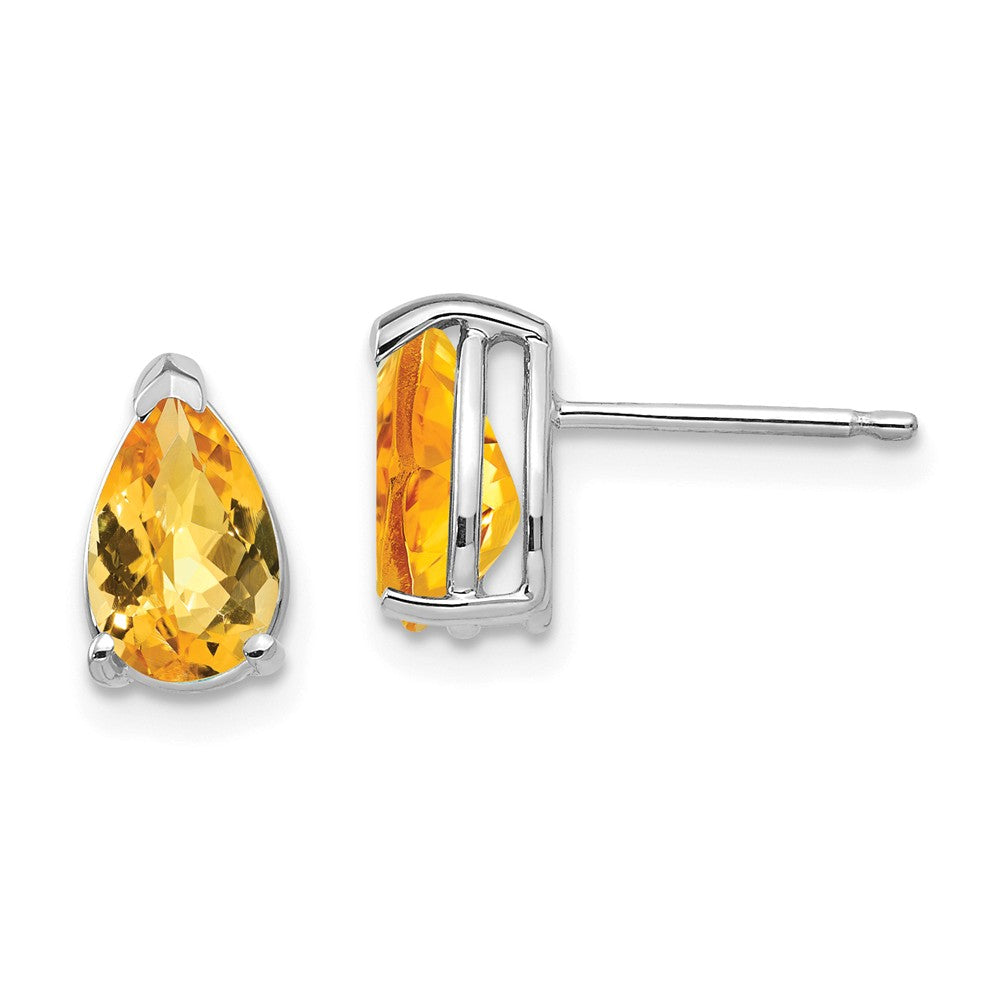 Million Charms 14k White Gold 8x5mm Pear Citrine Checker Earrings, 9mm x 5mm