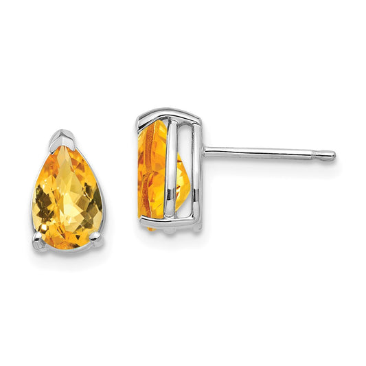Million Charms 14k White Gold 8x5mm Pear Citrine Checker Earrings, 9mm x 5mm
