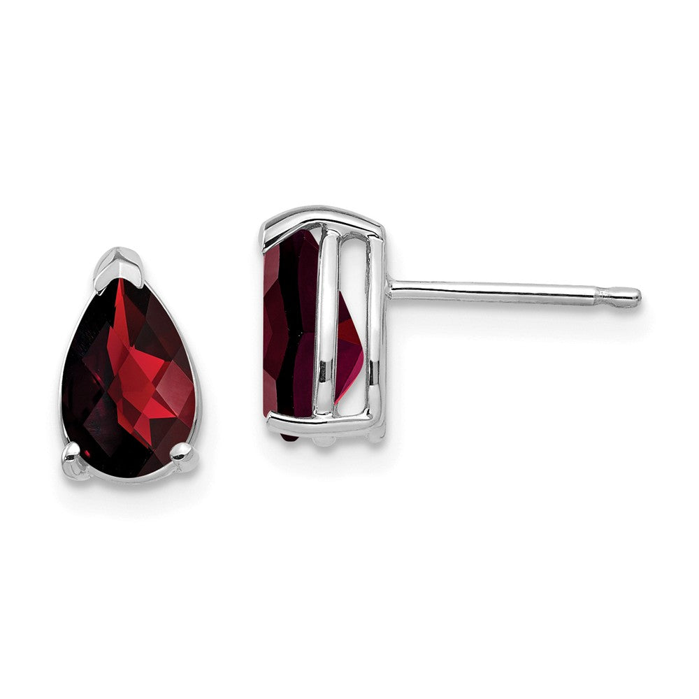 Million Charms 14k White Gold 8x5mm Pear Garnet Checker Earrings, 9mm x 5mm