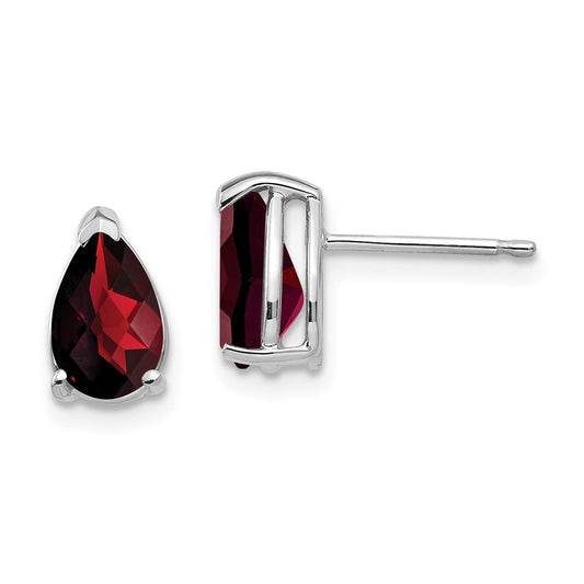 Million Charms 14k White Gold 8x5mm Pear Garnet Checker Earrings, 9mm x 5mm